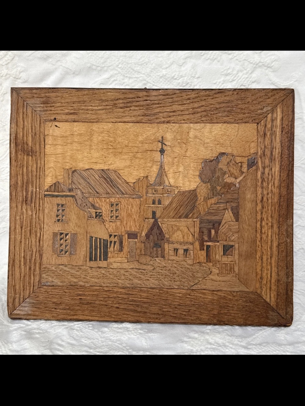 Vintage Marquetry Wood Art Hard to Read Writing on Back 1951 Quaint Village